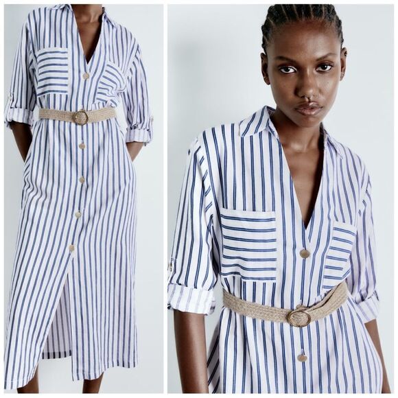Zara Linen Blend Striped Belted Dress - Picture 1 of 9